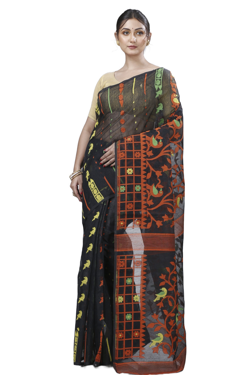 Black Pure Cotton Sabon Jamdani Saree (1306)